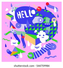 Hipster Crazy doodle Monster Memphis style drawing style. Vector illustration for summer design template and wallpaper background.