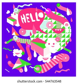 Hipster Crazy doodle Monster Memphis style drawing style. Vector illustration for summer design template and wallpaper background.