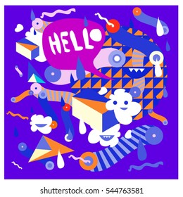 Hipster Crazy doodle Monster Memphis style drawing style. Vector illustration for summer design template and wallpaper background.