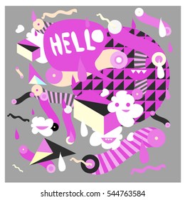 Hipster Crazy doodle Monster Memphis style drawing style. Vector illustration for summer design template and wallpaper background.