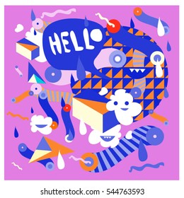 Hipster Crazy doodle Monster Memphis style drawing style. Vector illustration for summer design template and wallpaper background.
