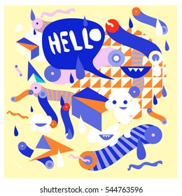 Hipster Crazy doodle Monster Memphis style drawing style. Vector illustration for summer design template and wallpaper background.