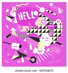 Hipster Crazy doodle Monster Memphis style drawing style. Vector illustration for summer design template and wallpaper background.