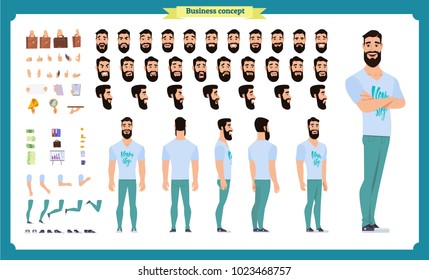 Hipster creation kit. Set of flat male cartoon character body parts, skin types, facial gestures, hairstyles, trendy clothing, stylish accessories isolated on white background. Vector illustration.