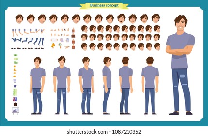 Hipster creation kit. Set of flat male cartoon character body parts, skin types, facial gestures, hairstyles, trendy clothing, stylish accessories isolated on white background. Vector illustration.