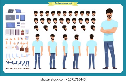 Hipster creation kit. Set of flat male cartoon character body parts, skin types, facial gestures, hairstyles, trendy clothing, stylish accessories isolated on white background. Vector illustration.