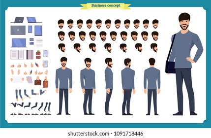 Hipster creation kit. Set of flat male cartoon character body parts, skin types, facial gestures, hairstyles, trendy clothing, stylish accessories isolated on white background. Vector illustration.