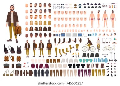 Hipster creation kit. Set of flat male cartoon character body parts, skin types, facial gestures, hairstyles, trendy clothing, stylish accessories isolated on white background. Vector illustration.