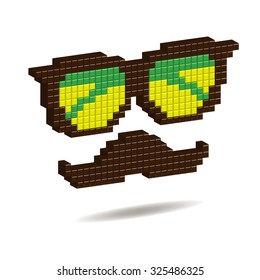 Hipster creative banner in 3d pixel style isolated on whate background. 8-bit game console character with sunglasses, mustache. Isometric vector icon for poster, flyer,postcard, invitation,brochure.