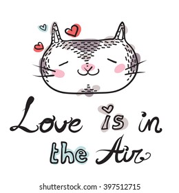 Hipster cute cat in love illustration. Hand drawn artwork.