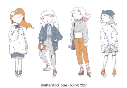 Hipster cute girls in casual oversized clothes, hand drawn, isolated on white background. Vector set with color fashion women in different poses. Pastel colors. Concept for young lovely character