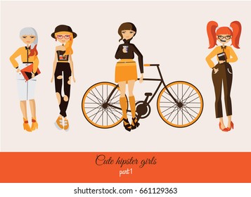 Hipster cute girls isolated on background. Vector fashion illustration set with various accessories, hairstyle, with smiling faces in casual clothes. Girl in hat, girl with bicycle, girl with coffee