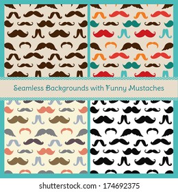 Hipster Cute Mustaches Vector Seamless Pattern Set, Background. Illustrator Pattern Swatches are available.
