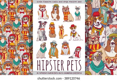 Hipster cute pets cats and dogs set. Color vector illustration. EPS8