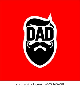 Hipster Dad Logo with Beard and Mustache on Red Background
