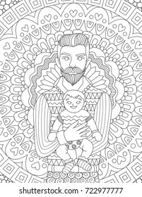 Hipster daddy carrying his chile design for card,invitation and adult coloring book page