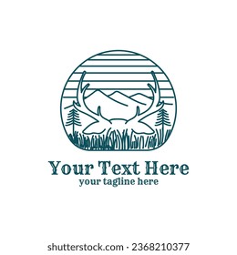 Hipster Deer Antlers Mountain with Pine Conifer Evergreen Spruce Fir Larch Forest for Hunting Adventure Logo Design