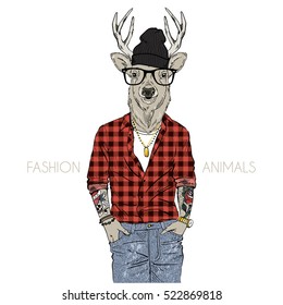 Hipster Deer Dressed Up In Plaid Shirt, Furry Art Illustration, Fashion Animals, Hipster Animals, Anthropomorphism