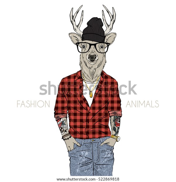 Hipster Hirsch In Plaid Hemd Gekleidet Illustration Von Stock Vektorgrafik Lizenzfrei 522869818