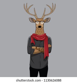 Hipster deer with glasses and scarf. Anthropomorphic illustration, fashion animals