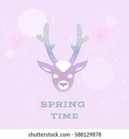 Hipster deer head on the background with rain. Spring concept with text example.