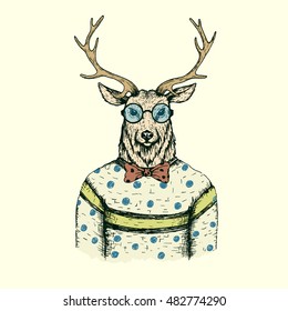 Hipster deer like a man dressed in the blouse .Hand drawn work.Vector illustration