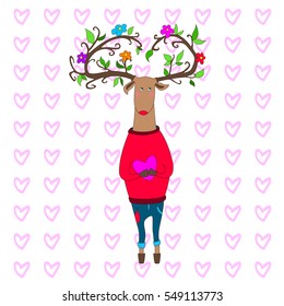 hipster deer in love. vector valentine s day