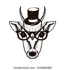 Hipster Deer Muzzle Wearing Top Hat and Glasses Vector Hand Drawn Illustration. Artistic Black and White Animal Design