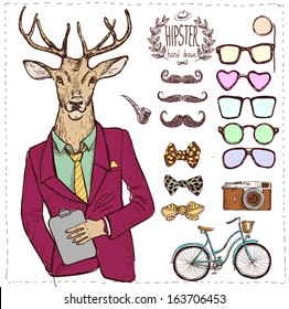 Hipster deer in suit hand drawn, sketchy vector illustration in vintage style, create your own der with different glasses, mustache, bow, bike, bike isolated