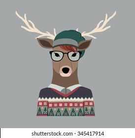 Hipster Deer in a Sweater and Hat