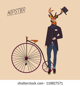 Hipster deer with a vintage bike and cool hat