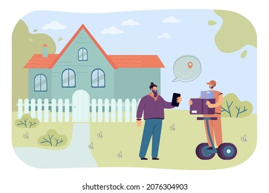 Hipster and deliveryman on hoverboard standing near house. Courier in uniform giving parcel to customer flat vector illustration. Delivery concept for banner, website design or landing web page