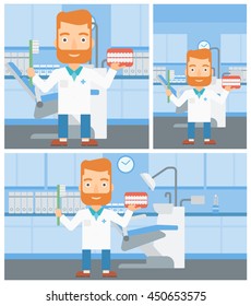 A hipster dentist with the beard holding dental jaw model and a toothbrush in doctor office. Vector flat design Illustration. Square, horizontal, vertical layouts.