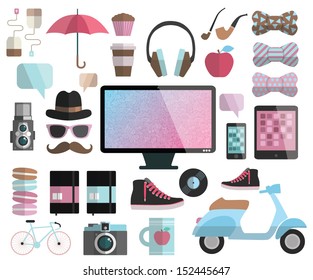 Hipster design flat elements - computer display, headphones, bow, apple, scooter, sneakers, tea, coffee, cup, mug, muffin, cupcake, hat, glasses, mustache, camera, umbrella, record, bicycle, moleskin