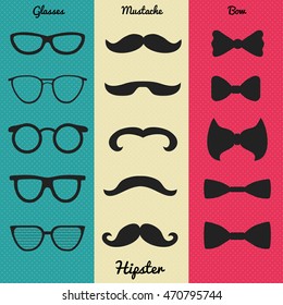 Hipster design set. Vector set of black glasses, mustache and bows silhouettes