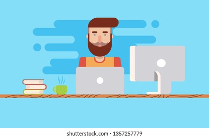 Hipster designer in flat style. Developer and designer. Funny cartoon illustration. Vector flat illustration. Hipster man working in studio. Office work.
