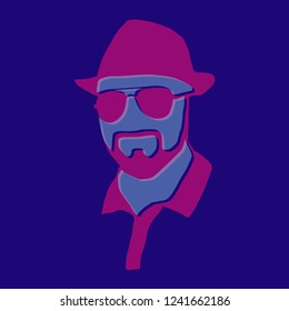 Hipster detailed  beard with sunglasses and hat. Fashion bearded man face. Vector retro silhouette. 80 style.