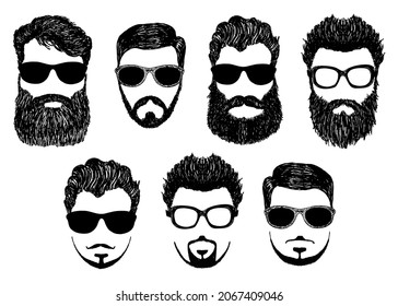 Hipster detailed hair and beards with sunglasses kit. Fashion bearded man face. Long beard with facial hair. Beard isolated on white. Hipsters with different haircuts, mustaches, beards, glasses.