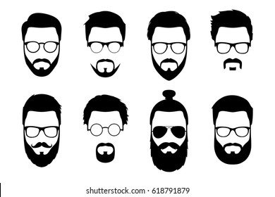 Hipster detailed hair and beards with sunglasses set. Fashion bearded man faces. Long beard with facial hair. Beard isolated on white background. Hipsters with different haircuts, mustaches, beards.