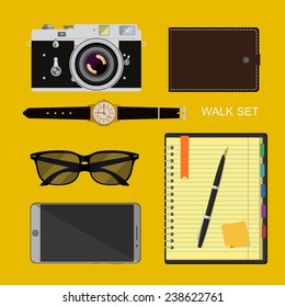 Hipster devices icons set of phone, watches, wallet, sun glasses, notebook and retro camera vector illustration