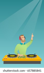 Hipster DJ with beard mixing music on the turntables. DJ playing and mixing music on the deck. Caucasian DJ in headphones mixing music at a party. Vector flat design illustration. Vertical layout.