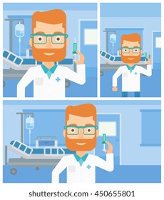 Hipster doctor with the beard holding medical injection syringe on the background of hospital ward. Vector flat design Illustration. Square, horizontal, vertical layouts.