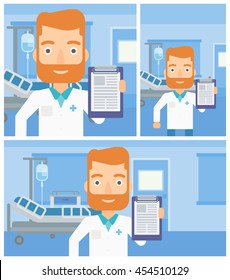 Hipster doctor with the beard showing clipboard with prescription while standing on the background of hospital room. Vector flat design Illustration. Square, horizontal, vertical layouts.