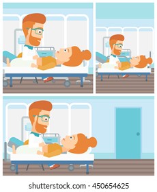 A hipster doctor with the beard touching abdomen of female patient. Woman on reception at doctor. Vector flat design Illustration. Square, horizontal, vertical layouts. A hipster doctor with the beard touching abdomen of female patient. Woman on reception at doctor. Vector flat design Illustration. Square, horizontal, vertical layouts.