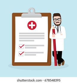 Hipster Doctor holding red pencil with completed medical report on clipboard