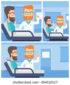 Hipster doctor visiting male patient and pointing finger up during consultation in hospital room. Vector flat design Illustration. Square, horizontal, vertical layouts.