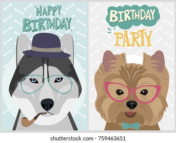 Hipster dog card for birthday card, posters and labels. Vector illustration