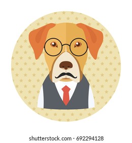 Hipster dog with glasses, mustache and necktie