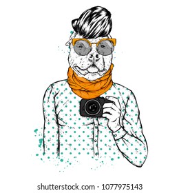 Hipster dog with human body and camera. Animal in clothes. Vector illustration.