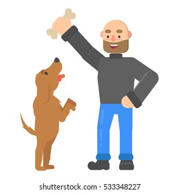 Hipster dog lover teaches the dog in flat style.